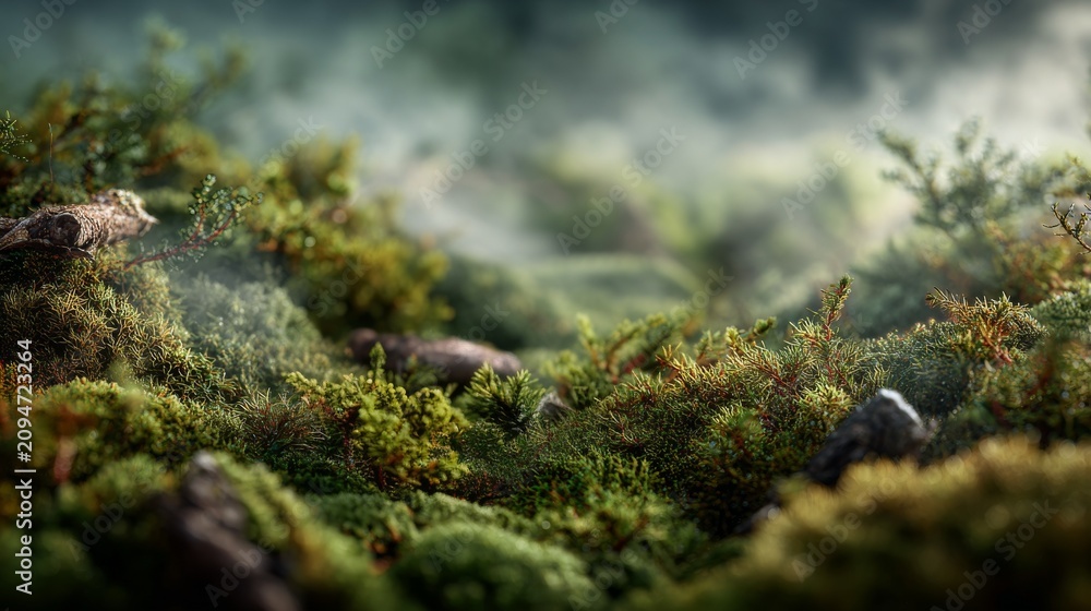 Fototapeta premium Lush green moss covered forest floor with soft mist and natural sunlight.