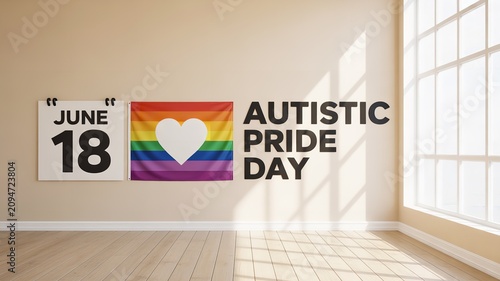 Autistic Pride Day rainbow heart flag with bold text and date June 18 displayed in bright sunlit room promoting awareness and inclusion