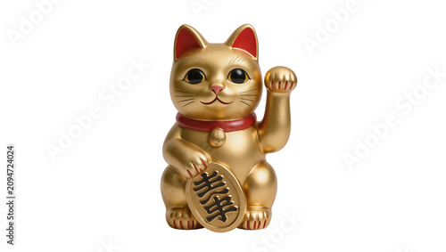 Isolated golden Maneki-neko lucky cat figurine, a traditional Japanese symbol of good fortune