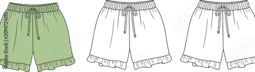 Tableau sur toile Art & IllustrationVector fashion technical sketch of women's casual lounge shorts featuring an elasticated drawstring waistband and ruffle frill hem in multiple front views