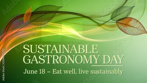 Sustainable Gastronomy Day abstract green background with flowing lines and colorful leaves promoting eco friendly food awareness