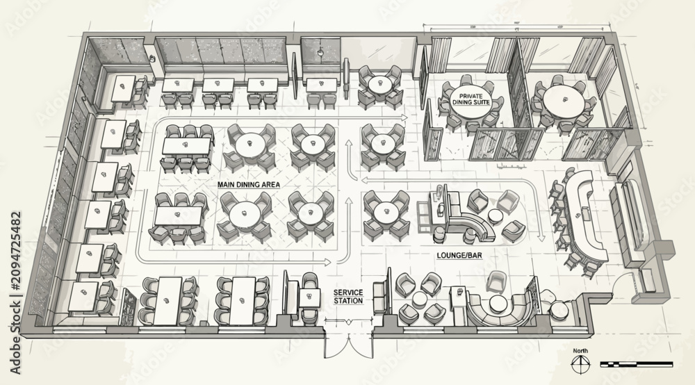 Obraz premium Restaurant floor plan layout with dining area and lounge