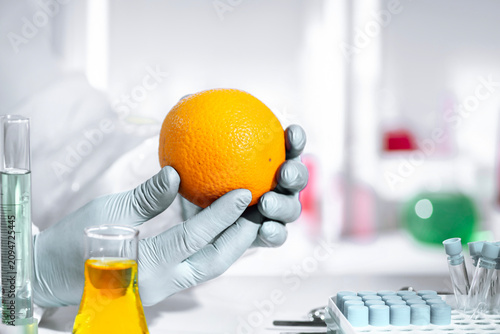 Gloved hands holding orange in food biotechnology laboratory, quality control and vitamin profiling of citrus, research on bioactive compounds and nutrition.