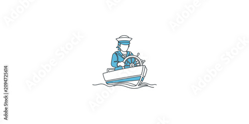 Illustration of a cartoon sailor captain steering a small boat on water.