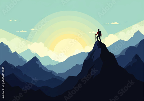 Vector flat design illustration of a lone hiker standing triumphantly on a mountain peak at sunrise, celebrating