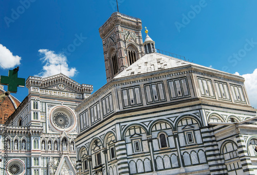 The landmark cathedral of santa maria del fiore on a blue sky sunny day in Florence italy