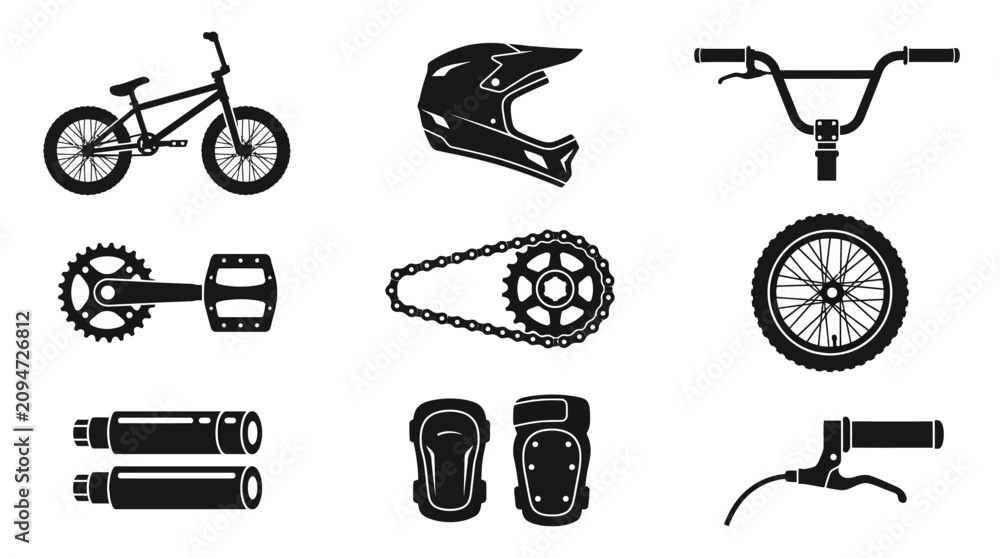 Obraz premium Black and White Glyph Icons of BMX Bike Parts and Safety Gear
