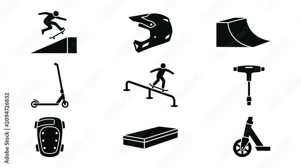Obraz premium Skateboarding and Scooter Extreme Sports Glyph Icons Set. Black Vector Silhouettes of Action Sports Equipment, Ramps, Helmet, Pads, Tools, and Riders.