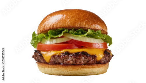 Fotografie Isolated appetizing classic cheeseburger with juicy beef patty, fresh vegetables