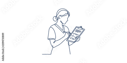 Continuous one line drawing of a nurse holding a clipboard.
