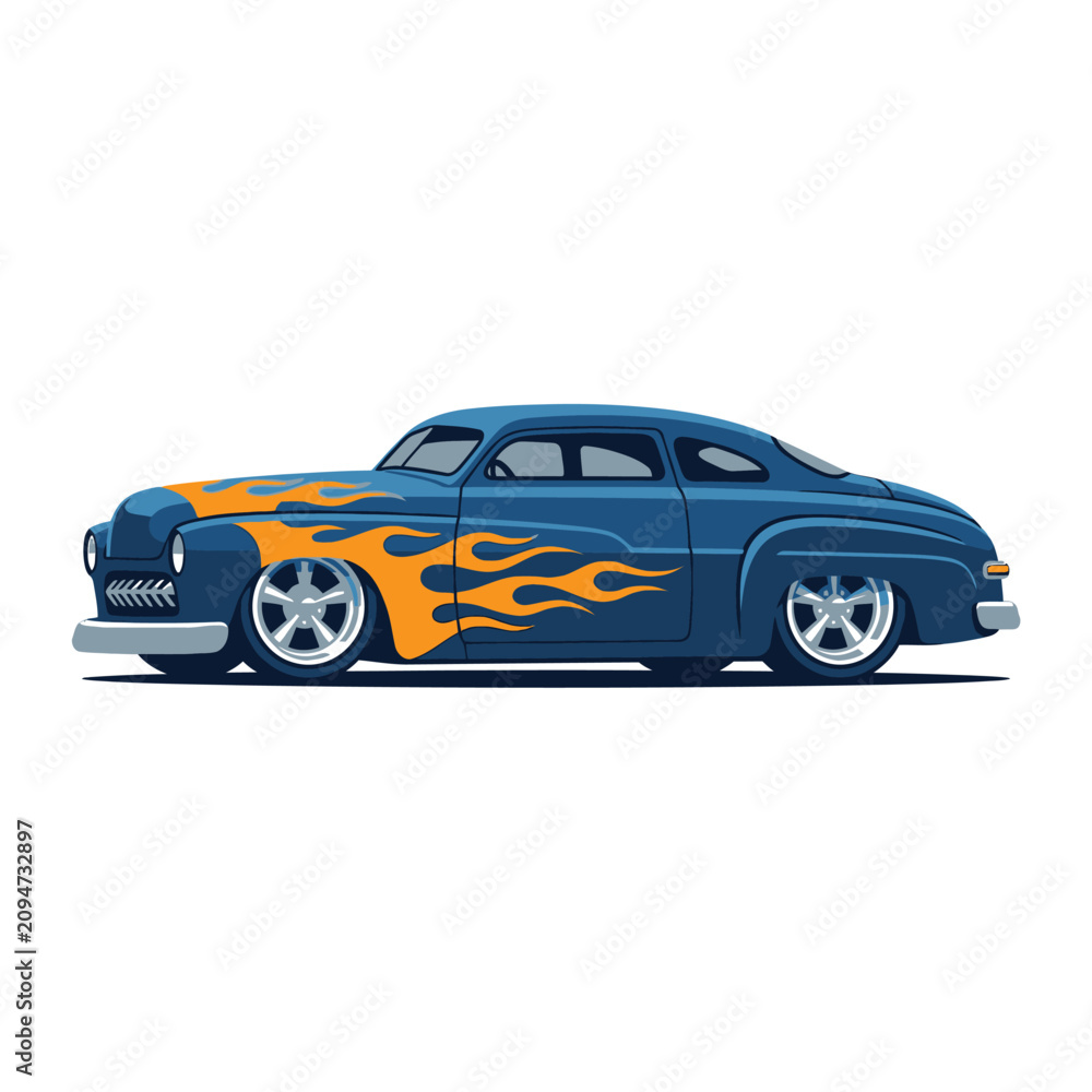 Fototapeta premium Vintage Blue Hot Rod Car with Orange Flames, Classic Custom Auto