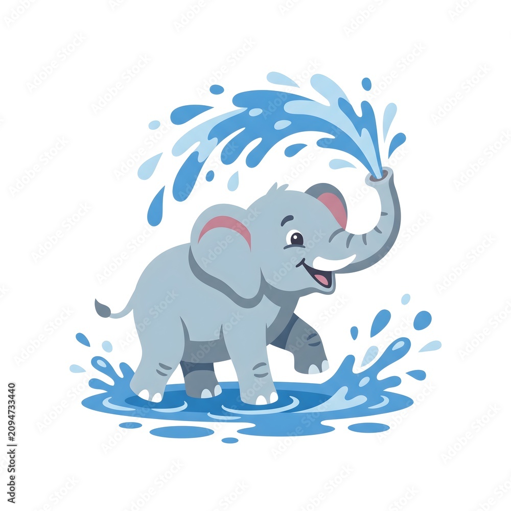 Naklejka premium Cute Cartoon Elephant Playing with Water