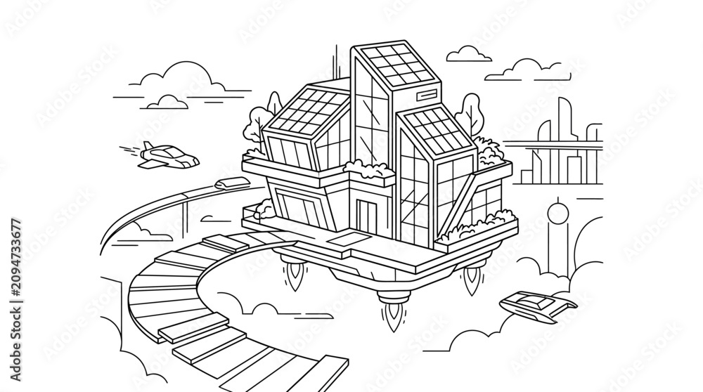 Naklejka premium Futuristic floating house with solar panels and modern architecture line art illustration.