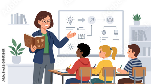 Female teacher instructing diverse group of students in classroom setting.