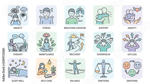 Tableau sur toile Mental Health Icons: Anxiety, Stress, Therapy, Mindfulness, Recovery, Sleep, Sel