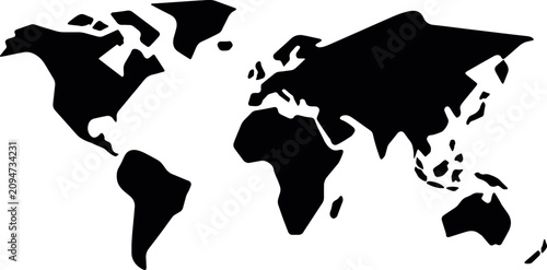 World Map Black Silhouette Vector, Global Continents Graphic Vector, International World Map Illustration