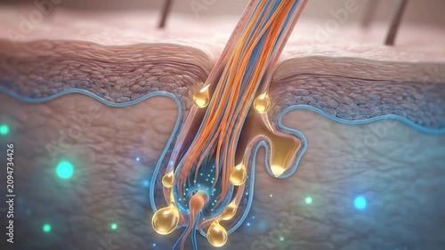 Microscopic cross-section of healthy hair follicle absorbing nourishing serum, vibrant keratin fibers, scientific dermatology visualization, 4K video