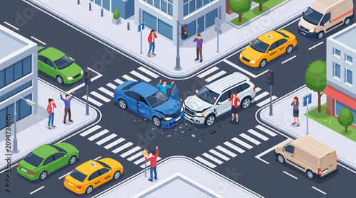 Car accident at intersection: two cars collide, people react, urban street scene