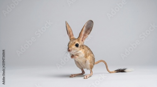 Extremely rare long-eared jerboa standing on a grey background.
