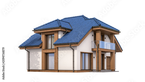 Bild auf Leinwand Isolated modern family house with blue tiled roof and wooden facade elements, co