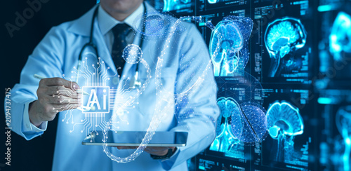 AI in Healthcare: A doctor, illuminated by futuristic digital displays showing brain scans and neural networks, holds a tablet displaying the word AI.