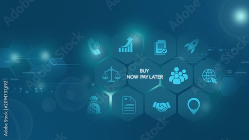 Bild auf Leinwand Digital blue background, featuring a central, buy now pay, later concept, surrou