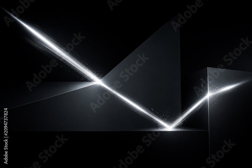 A streaking silver light trail on a dark background with geometric shapes.