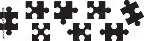 Puzzle piece vector pack including interlocking jigsaw segments and matching connector shapes for creative problem solving game development and strategic business concept design assets.