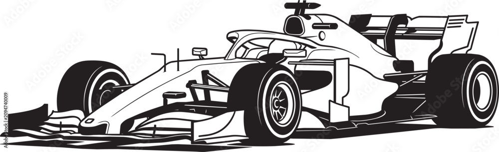 Fototapeta premium Formula one racing car vector silhouette showcasing aerodynamic sleek bodywork wheels and rear wing of modern single seater speed machine for motorsports event promotion graphic design.