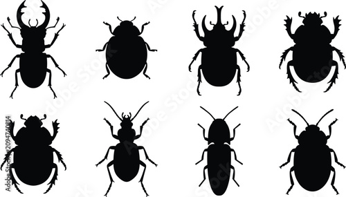 Bild auf Leinwand Beetle Insect Silhouette Collection with Various Species Black Vector Icon Set