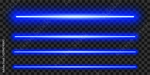 Canvastavla Luminous neon lines isolated, blue straight lazer lights lines set, retro led ne