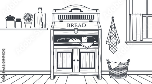 Foto Black and white illustration of a bread cabinet in a kitchen.