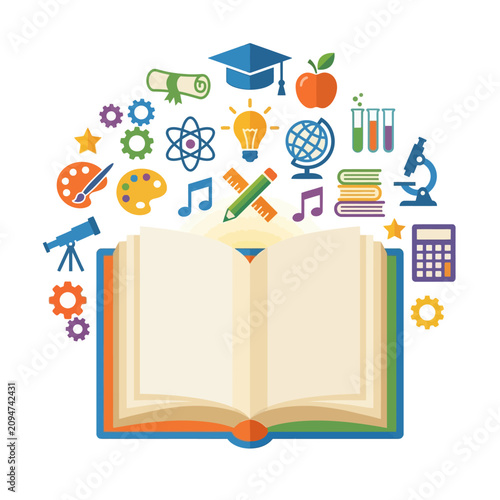 Open Book with Educational Icons Representing Knowledge and Learning Concept