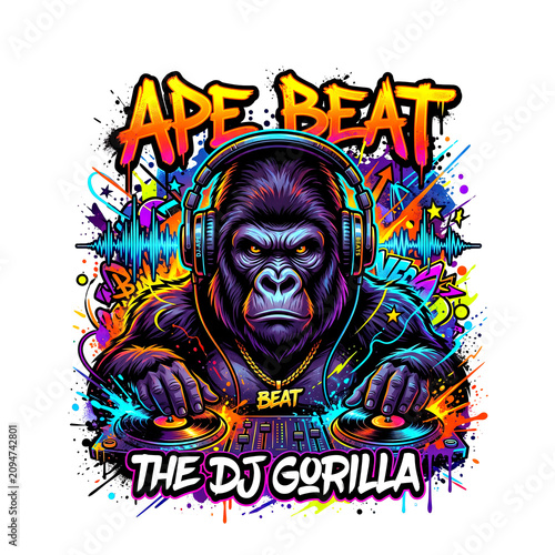 Vibrant street art style gorilla DJ wearing headphones and mixing beats on turntables, featuring neon graffiti text and splashes.