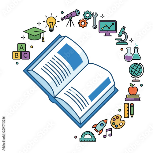 Open Book Surrounded by Educational Icons and Science Symbols Vector Illustration