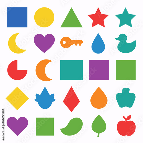Collection of Colorful Geometric Shapes and Icons Arranged in a Grid Pattern