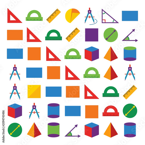 Colorful Geometric Shapes and Math Tools Collection on White Background Minimalist Style