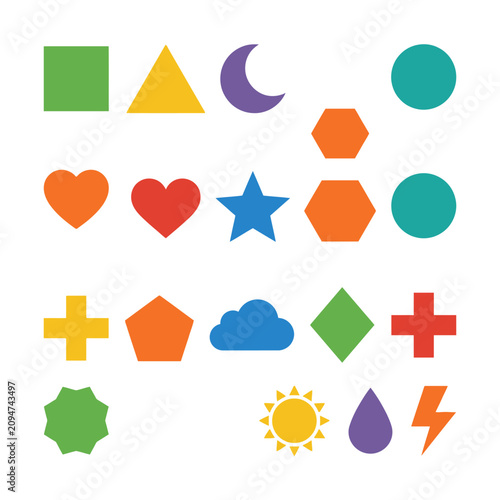 Collection of Colorful Geometric Shapes and Icons on a White Background
