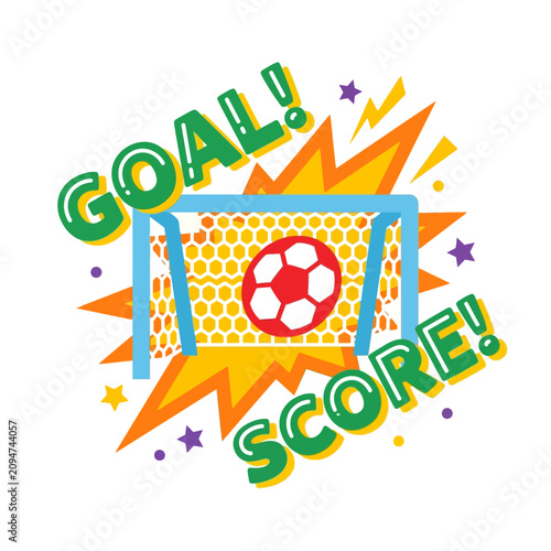 Soccer ball scoring a goal in a net with colorful graphic text elements