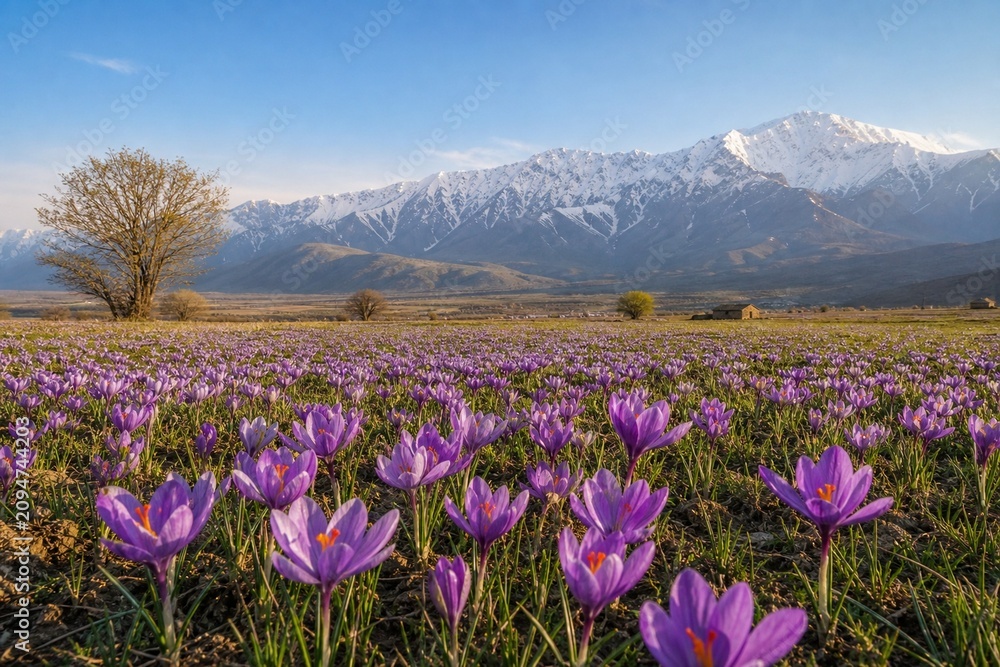 Fototapeta premium A field of blooming purple crocuses with snow-capped mountains in distance.