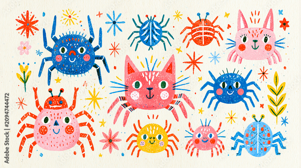 Obraz premium Colorful and whimsical illustration of cute cats and various cartoon-style crabs.