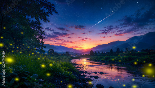 Plakat 夕焼け空とホタルが舞う幻想的な川辺の風景