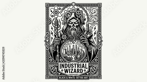 Industrial Wizard Tattoo Art: Steampunk Alchemist with Factory Background