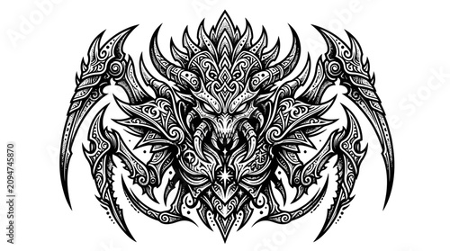 Intricate Dragon Demon Creature Illustration, Fantasy Monster, Dark Art, Tattoo Design