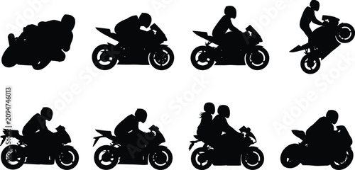 Konstfotografi Motorcycle Rider Silhouette Vector Set with Sport Bike Racing Stunt and Passenge