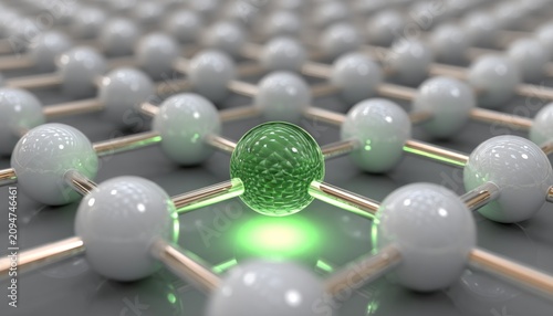 Discovering the vibrant green sphere in the intricate lattice structure of interconnected spheres representing atomic interactions