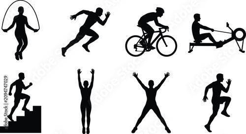 Sports Fitness Silhouette Collection with Running Cycling Jump Rope and Exercise Vector Set