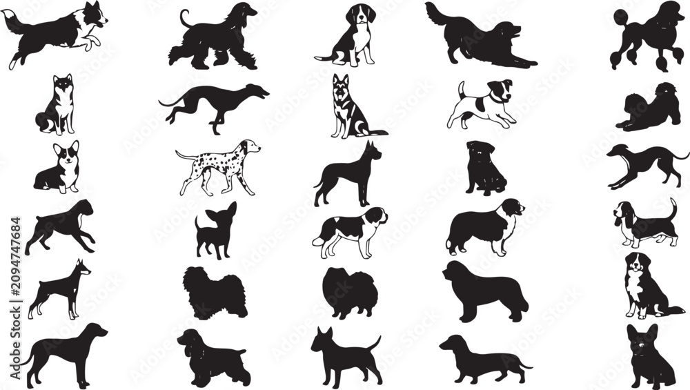 Fototapeta premium Large collection of various dog breed silhouettes and vector icons isolated on white background for pet design elements