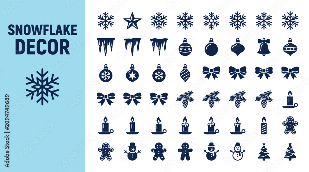 Fototapeta premium Comprehensive Winter Holiday Decoration Icon Collection Featuring Assorted Christmas Ornaments Snowflakes Candles And Festive Seasonal Elements