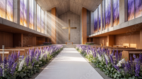 mit lila und weißen Blumen geschmückte moderne Kirche